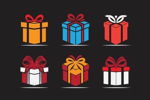 gift box icons arranged in a grid pattern. Each gift box has a unique design and pattern, including stripes, polka dots, and solid colors vector
