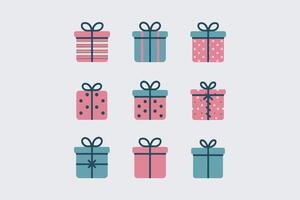 nine gift box icons arranged in a grid pattern. Each gift box has a unique design and pattern, including stripes, polka dots, and solid colors vector