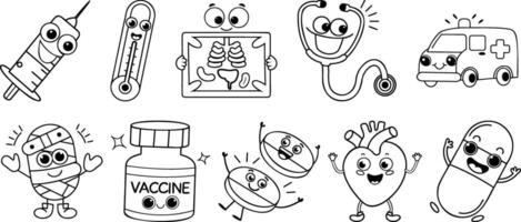 Cute Medical and Healthcare Doodle Set with Playful Expressions vector