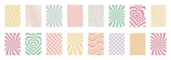 Set of groovy abstract psychedelic colorful poster with wavy, heart, cell. Pattern 60s-70s for social media. Y2K hippie retro design vector