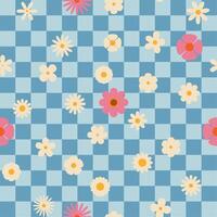 Seamless retro groovy checkered pattern with floral elements. Simple 1970s-style flowers in a doodle design. Perfect for fabric, wrapping paper, wallpaper, and fashion prints. vector
