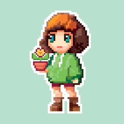 8-bit pixel art of a female character. Pixel girl holding a flower. Anime-style girl in illustration, perfect for game assets or cross-stitch patterns.