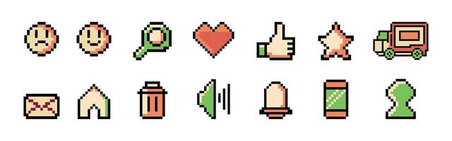 Colored 8-bit outline pixel art icons for website and mobile user interfaces. Icon set in a minimalist style. vector