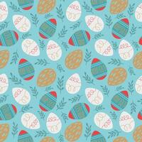 Seamless Easter pattern featuring Easter eggs and branches on a blue background. Cute flat-style design, perfect for spring-themed projects and holiday decorations. vector