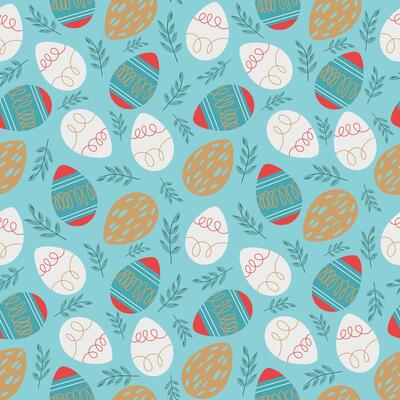 Seamless Easter pattern featuring Easter eggs and branches on a blue background. Cute flat-style design, perfect for spring-themed projects and holiday decorations.