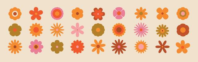 Groovy simple flowers set. Bright floral geometric vintage set in hippie style. Abstract minimal daisy elements. Nostalgic 60s and 70s retro flowers collec vector