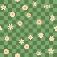 Seamless retro groovy checkered pattern with floral elements. Perfect for fabric, wrapping paper, wallpaper, and fashion prints. vector