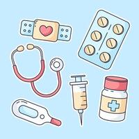 Medicine items, objects. Set of cute simple cartoon icons. Pills, syringe, thermometer, stethoscope, patch, plaster illustrations vector