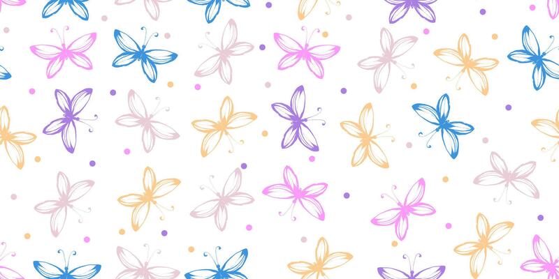Flower Seamless Pattern with Elegant Hand Drawn Butterflies. Hand painted colorful pastel butterflies with grunge texture