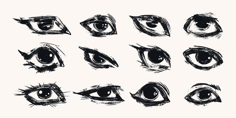 Hand Drawn Eyes with Bulky Lines and Grunge Texture. Abstract and funny eye collection isolated on white background