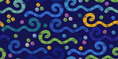 Grunge Abstract Wavy Shapes with Vibrant Colors in Retro Style Drawn with Bold Brush Strokes. Geometric background with blue waves. Playful and modern design drawn with thick lines vector