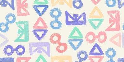 Seamless Pattern of Abstract Geometric Shapes in Soft Pastel Tones with a Grungy Textured Brush Effect. Playful and dynamic doodles on a light background vector