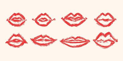 Hand Drawn Lips with Bulky Lines and Grunge Texture. Abstract and funny mouth collection isolated on white background vector