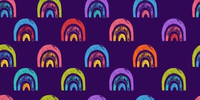 Seamless Pattern with Hand Drawn Abstract Rainbow Shapes in Vibrant Tones with Bold Brush Strokes. Playful geometric doodles on a dark background vector