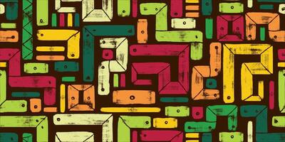 Grunge Abstract Geometric Shapes with Earthy Colors in Retro Style Drawn with Bold Brush Strokes. Vibrant geometric doodles black background. Playful and modern design drawn with thick lines vector