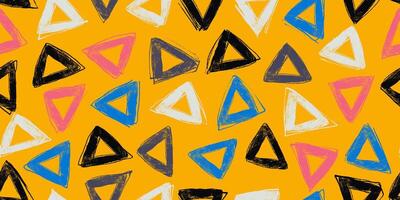 Yellow Seamless Pattern with Colorful Vibrant Triangles. Hand drawn simple geometric shapes isolated on light background vector