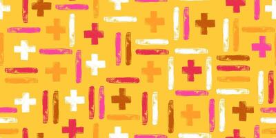 Plus, Minus and Equal Symbols Hand Drawn with Bold Brushstrokes Seamless Pattern. Education repeatable background with grunge ink abstract lines vector