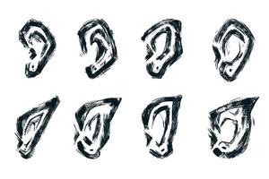 Hand Drawn Ears with Bulky Lines and Grunge Texture. Abstract and funny ear collection isolated on white background vector