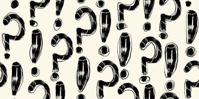 Black Grunge Question and Exclamation Marks Seamless Pattern. Hand drawn crayon doodle punctuation marks in repeatable background vector