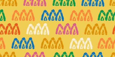 Colorful Mountains in Bohemian Style with Grunge Texture and Bold Brush Strokes. Repeatable background with abstract crayon shapes. Doodle ethnic motifs vector