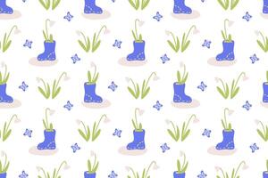 Seamless spring pattern with the first flowers of snowdrops and rubber boots, melting snow. A delicate background symbolizing the beginning of spring. vector