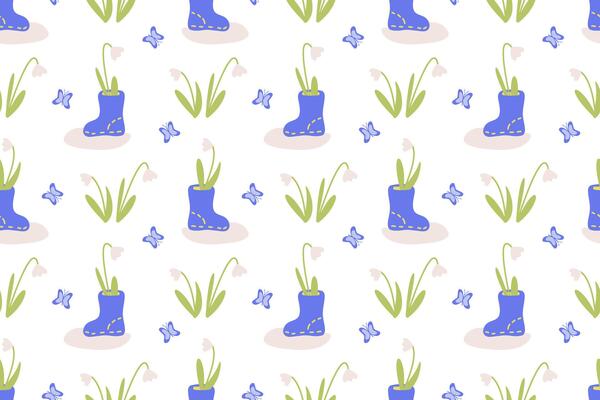 Seamless spring pattern with the first flowers of snowdrops and rubber boots, melting snow. A delicate background symbolizing the beginning of spring.