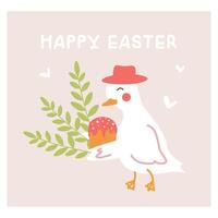 Easter illustration with a cute goose character carrying a gift for the holiday, a cake with icing and spring green twigs of plants. A set of elements for the design of banners and postcards vector