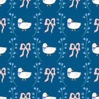 Cute seamless pattern with goose, floral pattern and bow, on a blue background. Poultry, rustic pattern. For wallpaper, fabric, packaging. vector