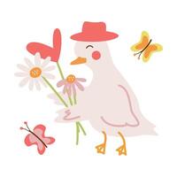 cute goose in a hat carries a bouquet of flowers and greenery for the holiday. A set of elements for greeting design, postcards, stickers, prints. vector
