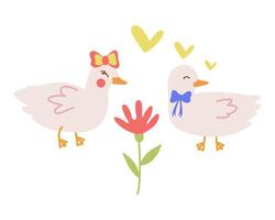 illustration with cute characters, pet ducks on a date, hearts, doodle-style flowers. Funny print for lovers, greeting card decoration. vector