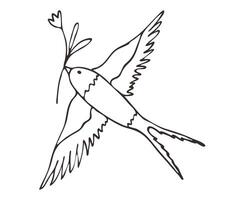 The first spring bird is a swallow in flight with a flower. contour illustration made by hand. The symbol of spring, the icon, the logo. vector