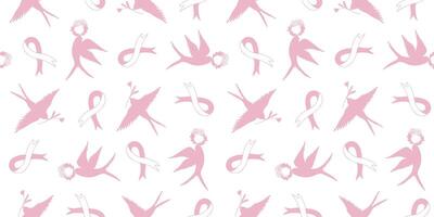 Seamless pattern with silhouettes of a spring swallow bird. Birds with spring flowers and wreaths, on the background of a breast cancer awareness ribbon. A conceptual pattern. Background design. vector