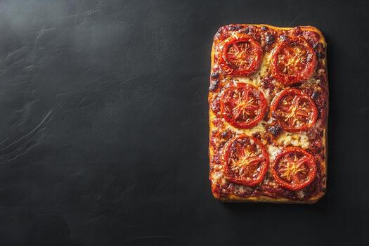 A square pizza with tomatoes on top photo