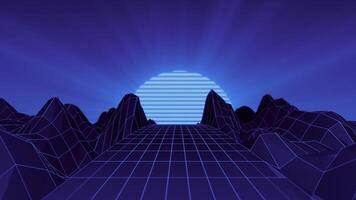 1980s retro futuristic synthwave style background. Night road trip into the moon light with glowing blue neon colors and morphing low poly terrain. video