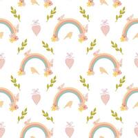 Seamless pattern with rainbow, hearts and bird, rainbow pattern for nursery, baby shower, kid's room vector