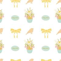 Happy easter seamless pattern, pattern with basket full of eggs and flowers, bird and a tied bow vector
