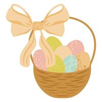 Basket full of colorful easter eggs with a bow tie, illustration vector