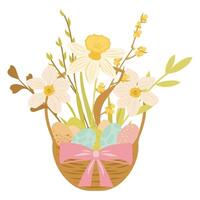 Easter basket with easter eggs, flowers and a pink bow, hamper with eggs, wicker, snowdrops illustration vector
