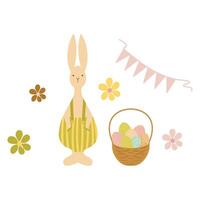 Easter Bunny wearing pants with suspenders, a hamper and easter eggs, rabbit with a basket, illustration vector