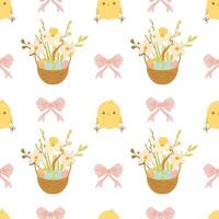 Happy easter seamless pattern, pattern with basket full of eggs and flowers, chick, tied bow vector