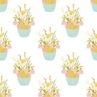 Easter Seamless pattern, basket with eggs and flowers vector