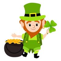 Funny leprechaun with a cauldron of gold coins and a shamrock vector