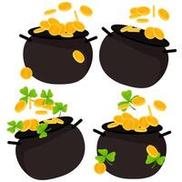 A set of round cauldrons with tossed gold coins and shamrocks vector