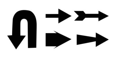 A collection of six directional symbols, including a U-turn arrow pointing downwards and five variations of forward-pointing arrows, all in solid black silhouette style. vector