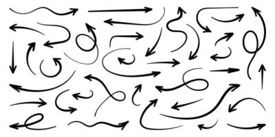 Squiggly color arrow set. Hand drawn movement spiral lines. Pencil brush arrows for icon, sketch, texture. Doodle Childish strokes, flat elements. Isolated illustration on black background. vector