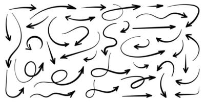 Squiggly color arrow set. Doodle movement spiral lines. Hand drawn pencil brush arrows for icon, sketch, highlight. Childish strokes, flat elements. Isolated illustration on black background. vector