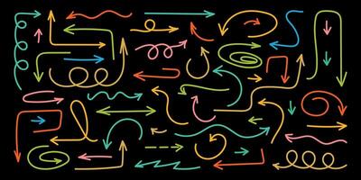 Squiggly color arrow set. Doodle movement spiral lines. Pencil brush arrows for icon, sketch, highlight. Hand drawn childish strokes, flat elements. Isolated illustration on black background vector