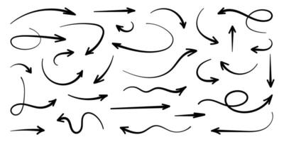 Squiggly color arrow set. Movement spiral lines. Hand drawn pencil brush arrows for icon, sketch, texture. Doodle Childish strokes, flat elements. Isolated illustration on black background. vector