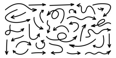 Squiggly black arrow set. Doodle movement spiral lines. Pencil brush arrows for icon, sketch, highlight. Hand drawn childish strokes, flat elements. Isolated illustration on white background vector