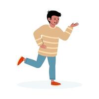 Young man dancing joyfully with a playful expression indoors in casual attire vector